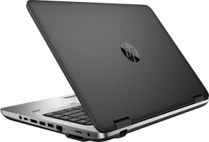 Rear angle view of an opened HP ProBook 640 G2, showing an HP logo in the center of outside of upper lid
